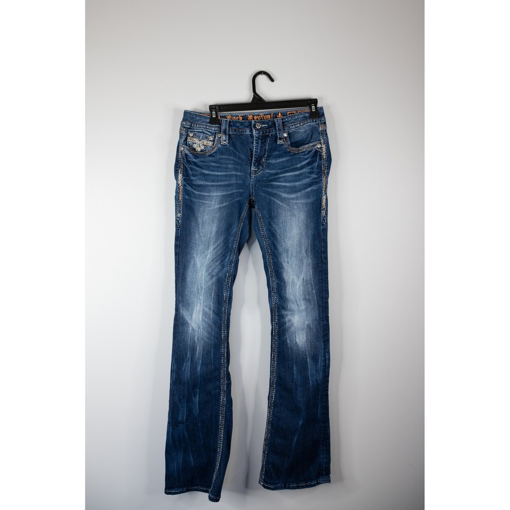 Rock Revival Loreen Bootcut Jeans Womens 28 Blue Excellent Mid Rise Embellished